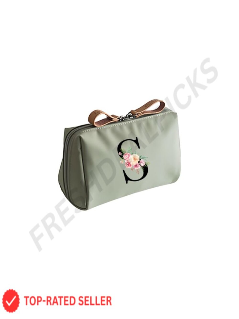 Personalized Floral Initial Makeup Bag, Travel Toiletry Pouch with Zipper